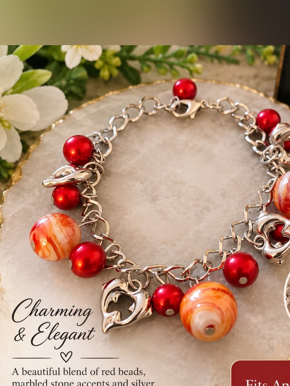 Red Beaded Charm Bracelet with Silver Accents